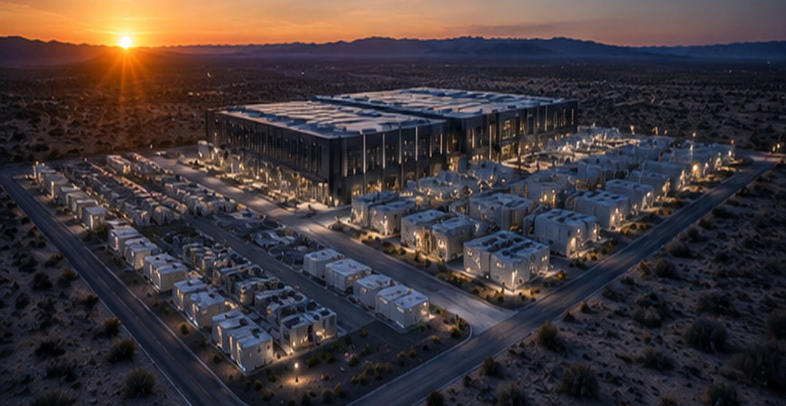 Concept rendering — a powered campus on the desert horizon at sunset