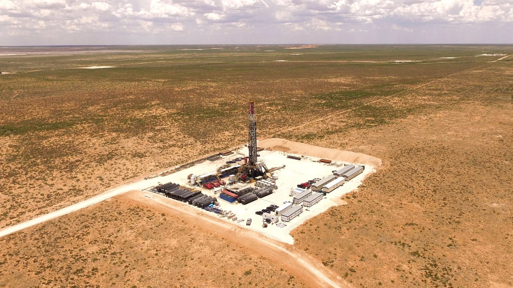 Aerial view of a drilling operation on the open Permian Basin